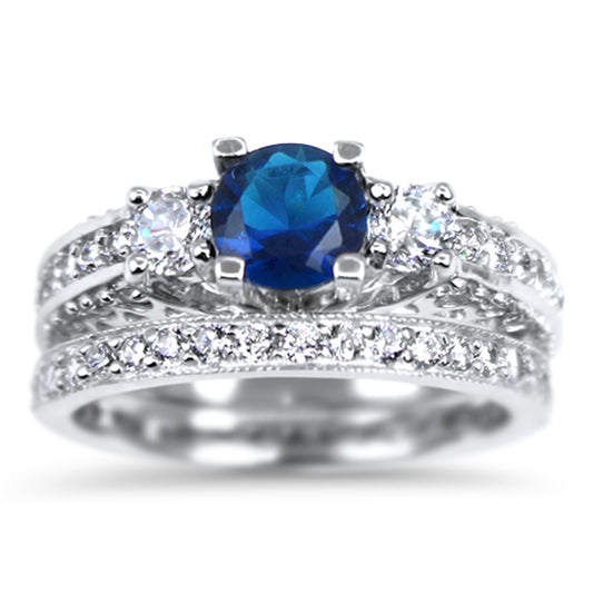 .75 Carat Blue CZ Simulated Sapphire Three Stone Silver Wedding Ring Set
