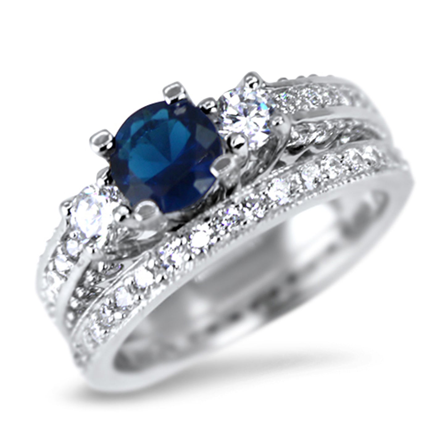 .75 Carat Blue CZ Simulated Sapphire Three Stone Silver Wedding Ring Set
