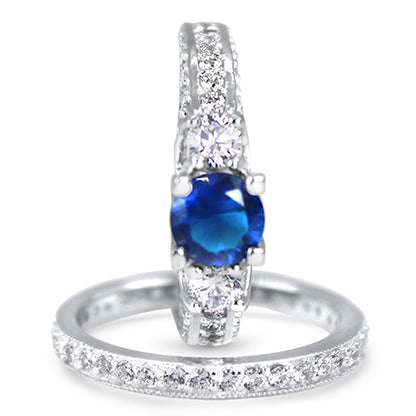 .75 Carat Blue CZ Simulated Sapphire Three Stone Silver Wedding Ring Set
