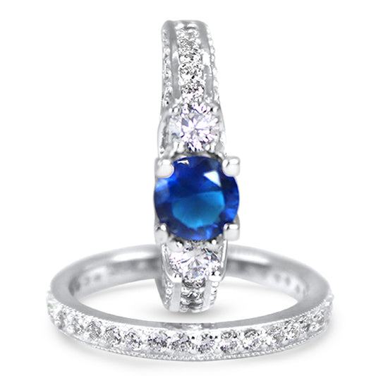 .75 Carat Blue CZ Simulated Sapphire Three Stone Silver Wedding Ring Set