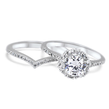 1 Carat Round Brilliant Halo Setting Wedding Engagement Ring Set