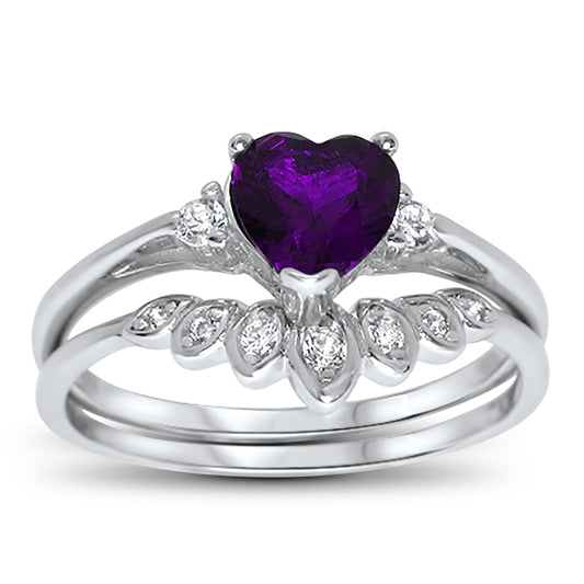 Heart Cut Simulated Amethyst Purple CZ Wedding Engagement Ring Set
