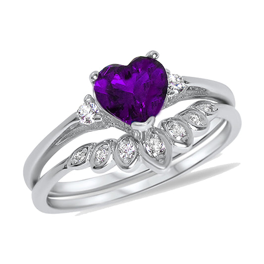 Heart Cut Simulated Amethyst Purple CZ Wedding Engagement Ring Set
