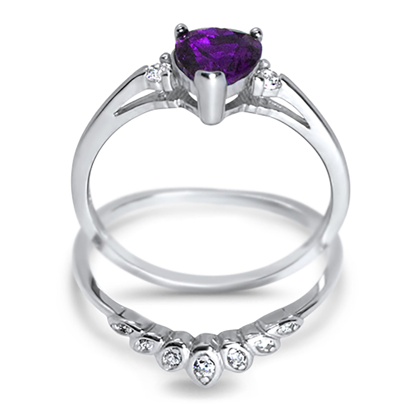 Heart Cut Simulated Amethyst Purple CZ Wedding Engagement Ring Set
