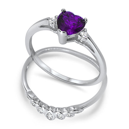 Heart Cut Simulated Amethyst Purple CZ Wedding Engagement Ring Set
