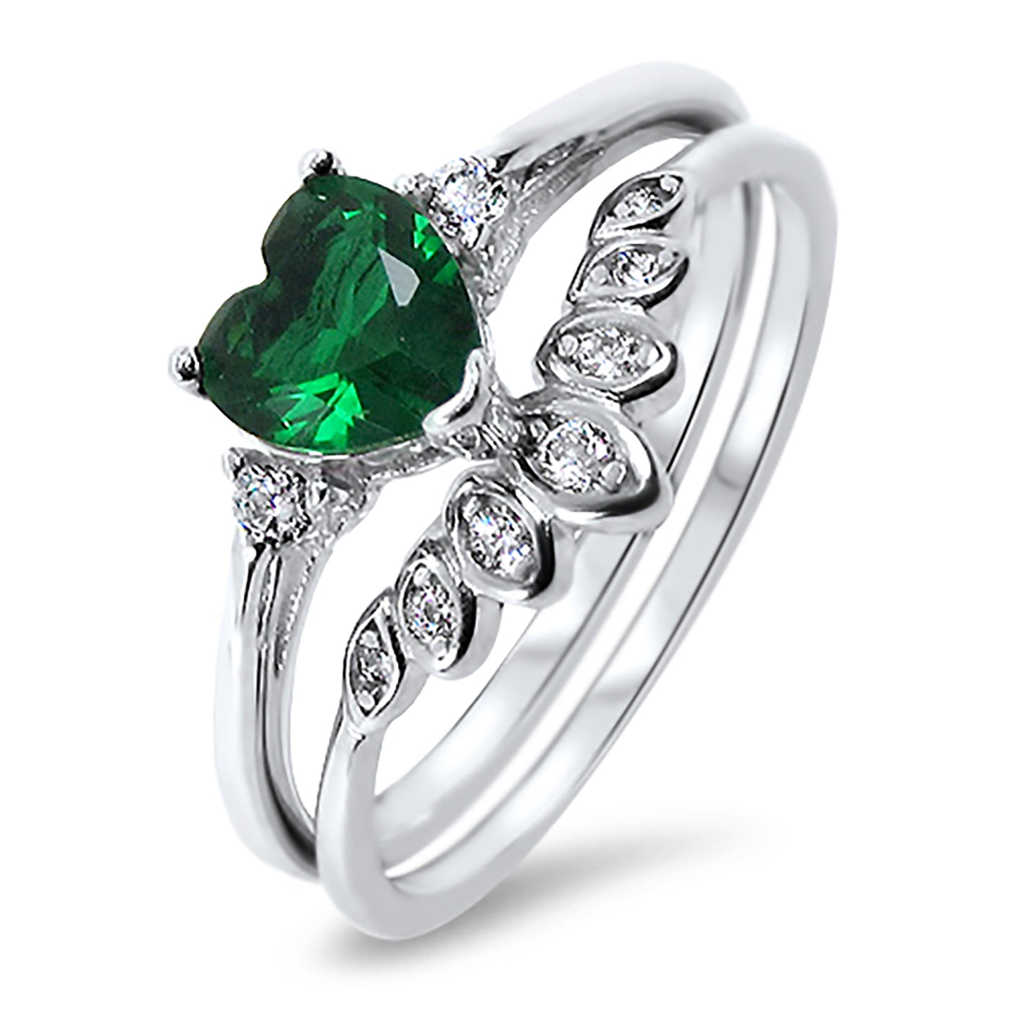 Heart Cut Simulated Emerald Green CZ Wedding Engagement Ring Set