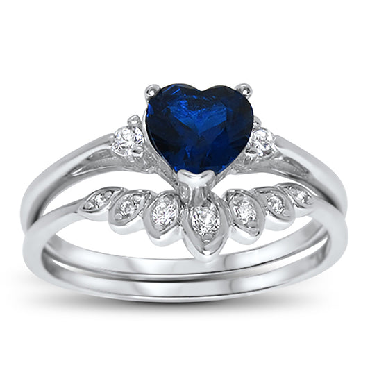 Heart Cut Simulated Sapphire Blue CZ Wedding Engagement Ring Set