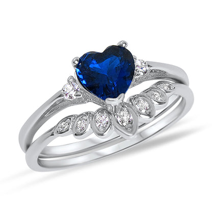 Heart Cut Simulated Sapphire Blue CZ Wedding Engagement Ring Set
