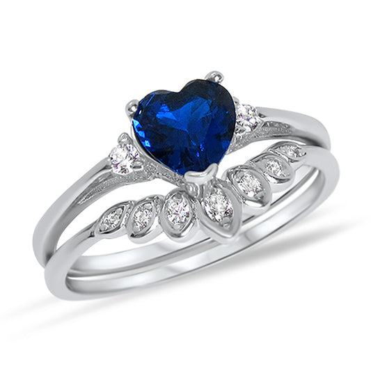 Heart Cut Simulated Sapphire Blue CZ Wedding Engagement Ring Set