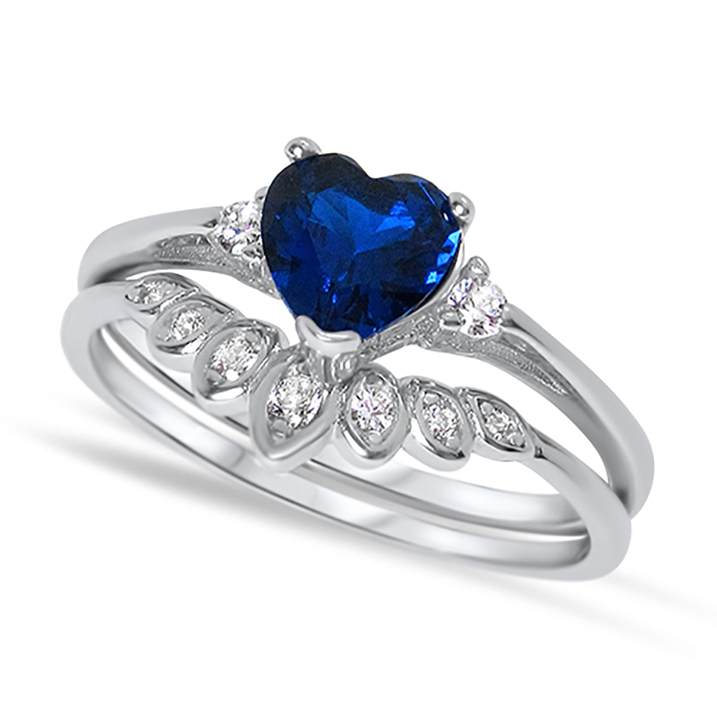 Heart Cut Simulated Sapphire Blue CZ Wedding Engagement Ring Set