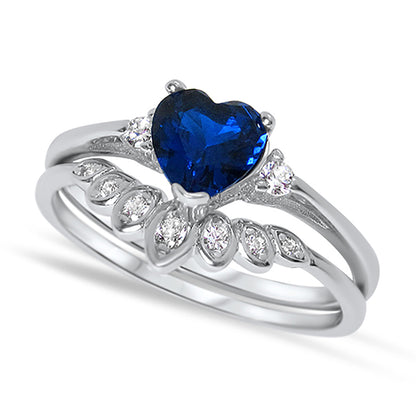 Heart Cut Simulated Sapphire Blue CZ Wedding Engagement Ring Set