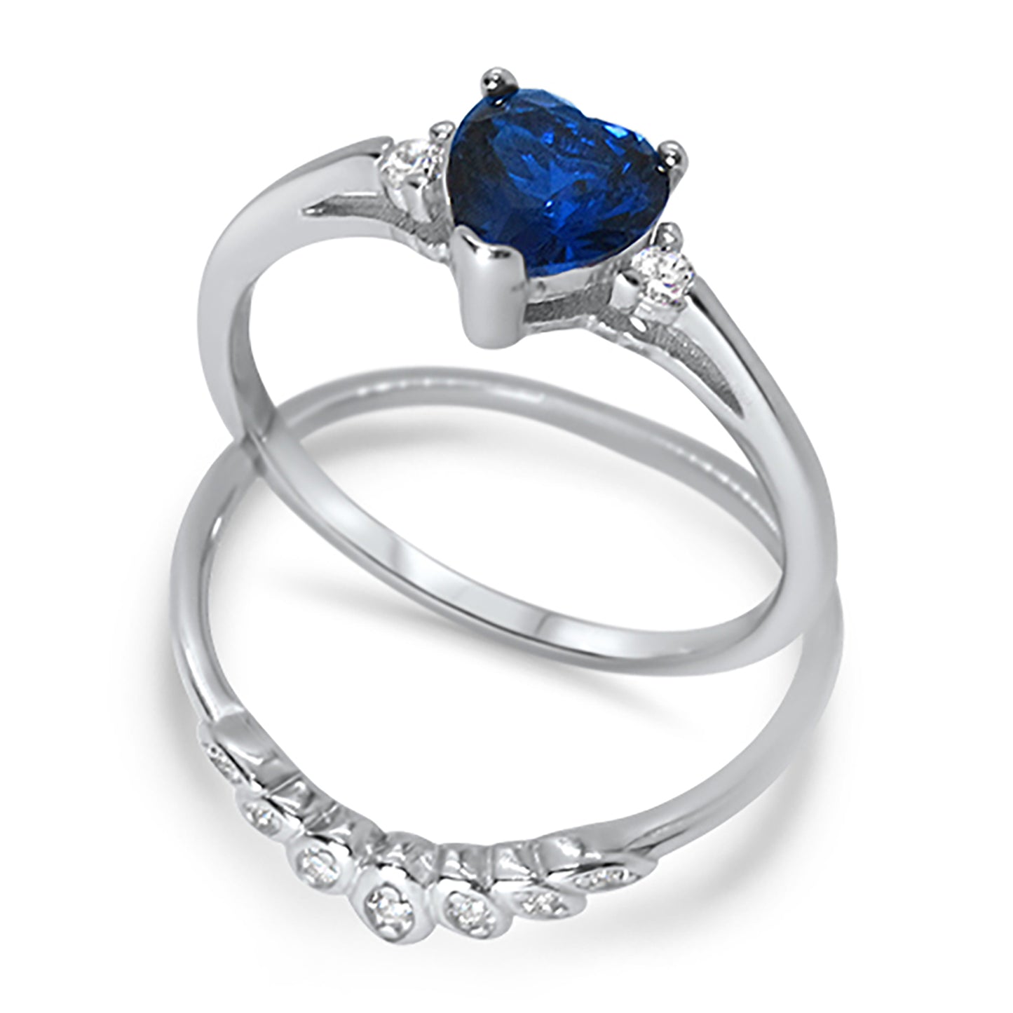 Heart Cut Simulated Sapphire Blue CZ Wedding Engagement Ring Set