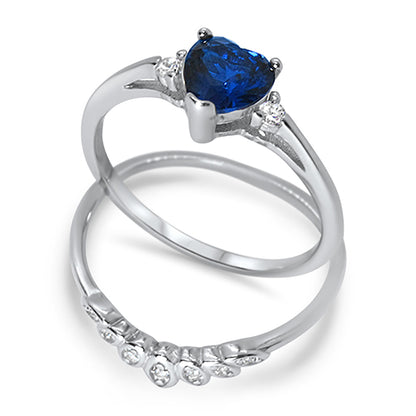 Heart Cut Simulated Sapphire Blue CZ Wedding Engagement Ring Set