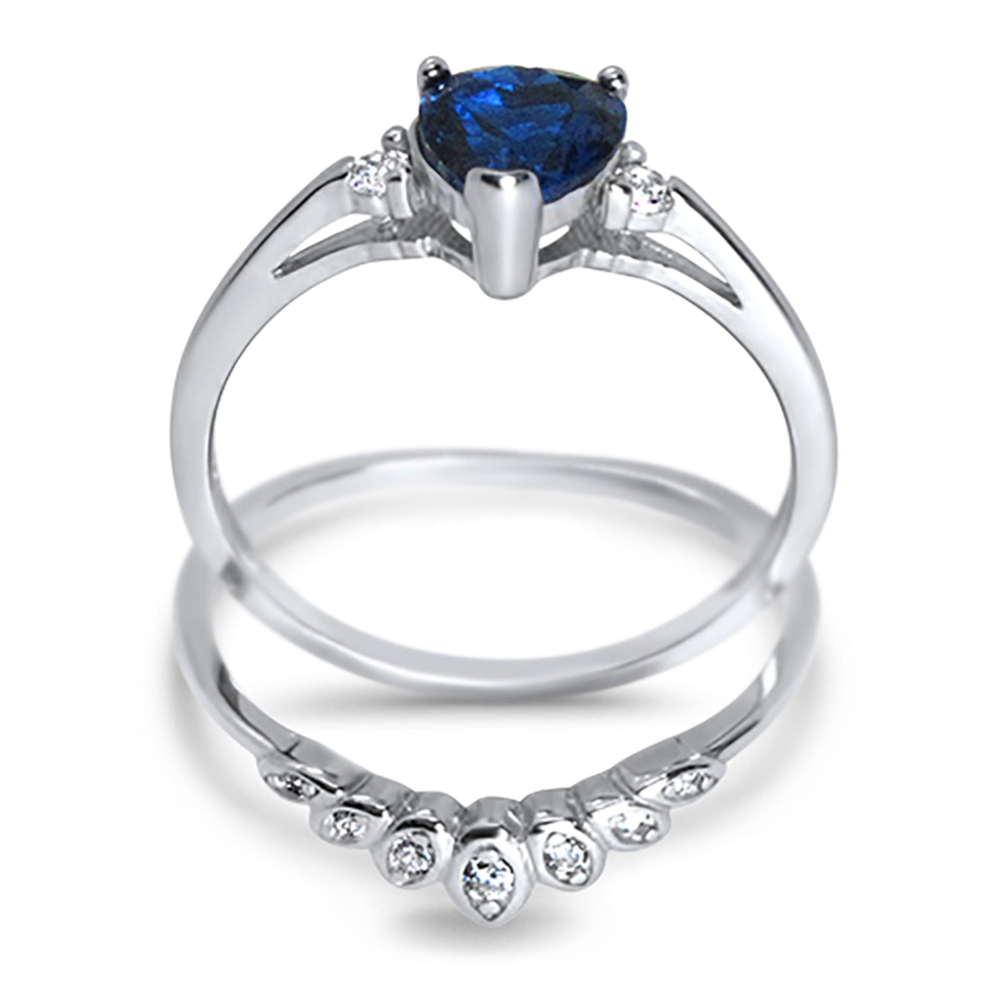 Heart Cut Simulated Sapphire Blue CZ Wedding Engagement Ring Set