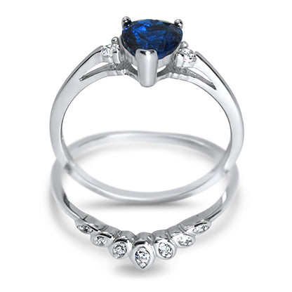 Heart Cut Simulated Sapphire Blue CZ Wedding Engagement Ring Set