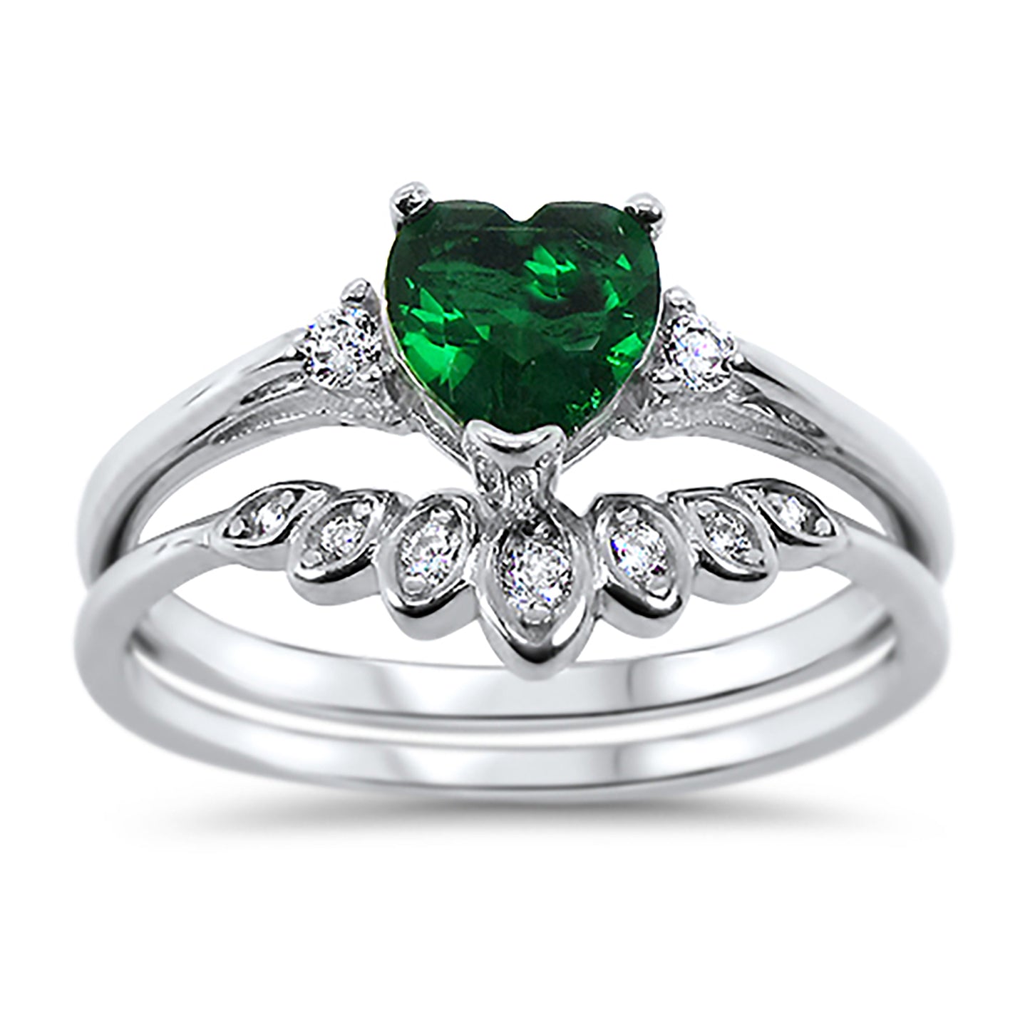 Heart Cut Simulated Emerald Green CZ Wedding Engagement Ring Set
