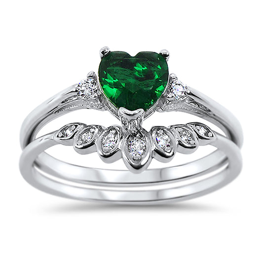 Heart Cut Simulated Emerald Green CZ Wedding Engagement Ring Set