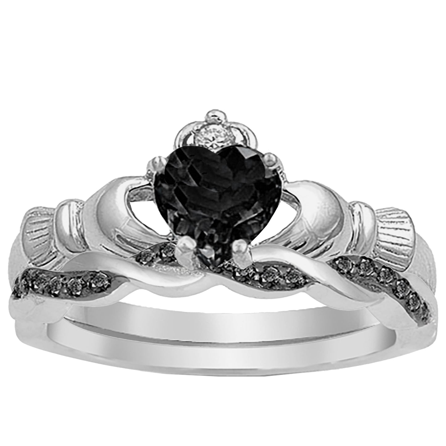 Irish Claddagh Sterling Silver Black Wedding Engagement Ring Set