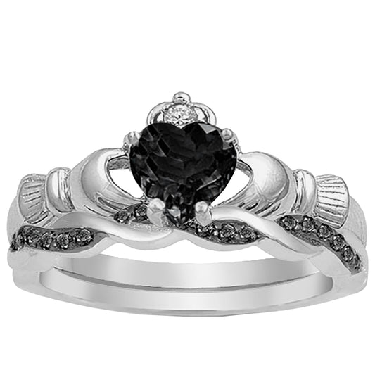 Irish Claddagh Sterling Silver Black Wedding Engagement Ring Set