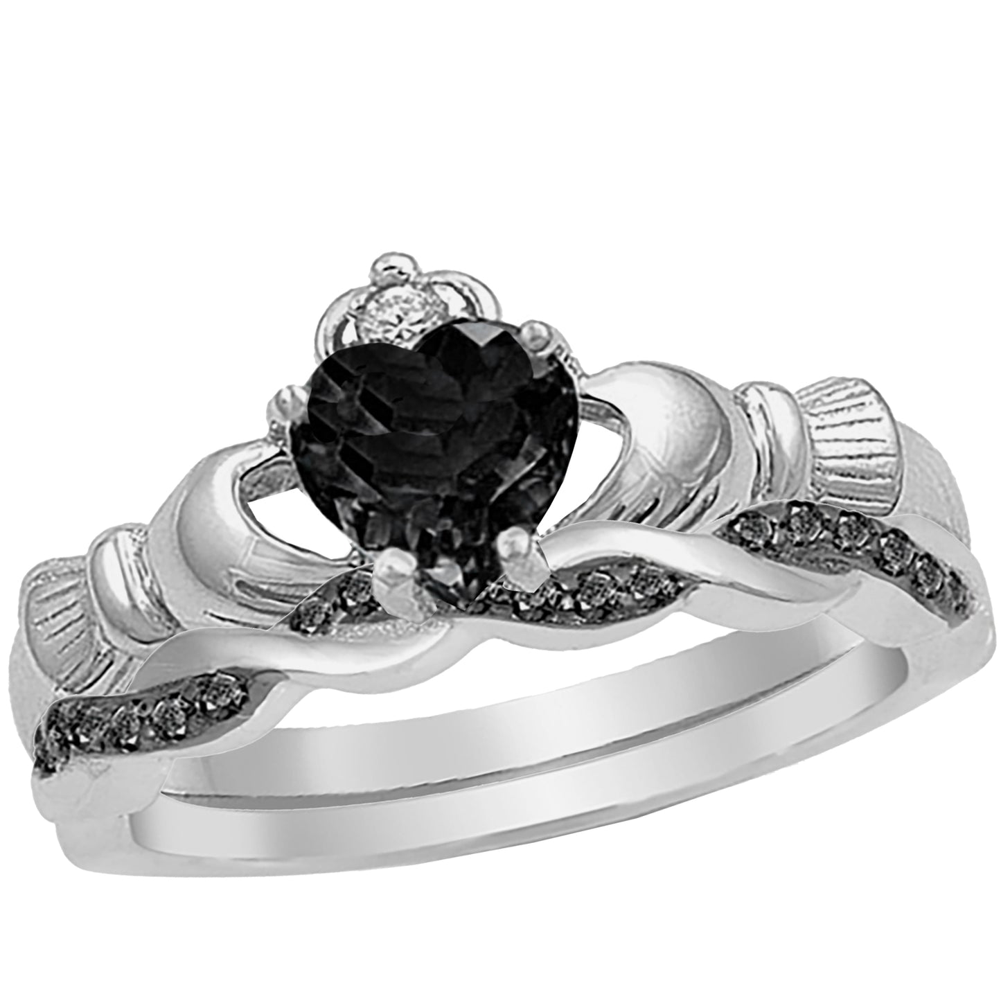 Irish Claddagh Sterling Silver Black Wedding Engagement Ring Set