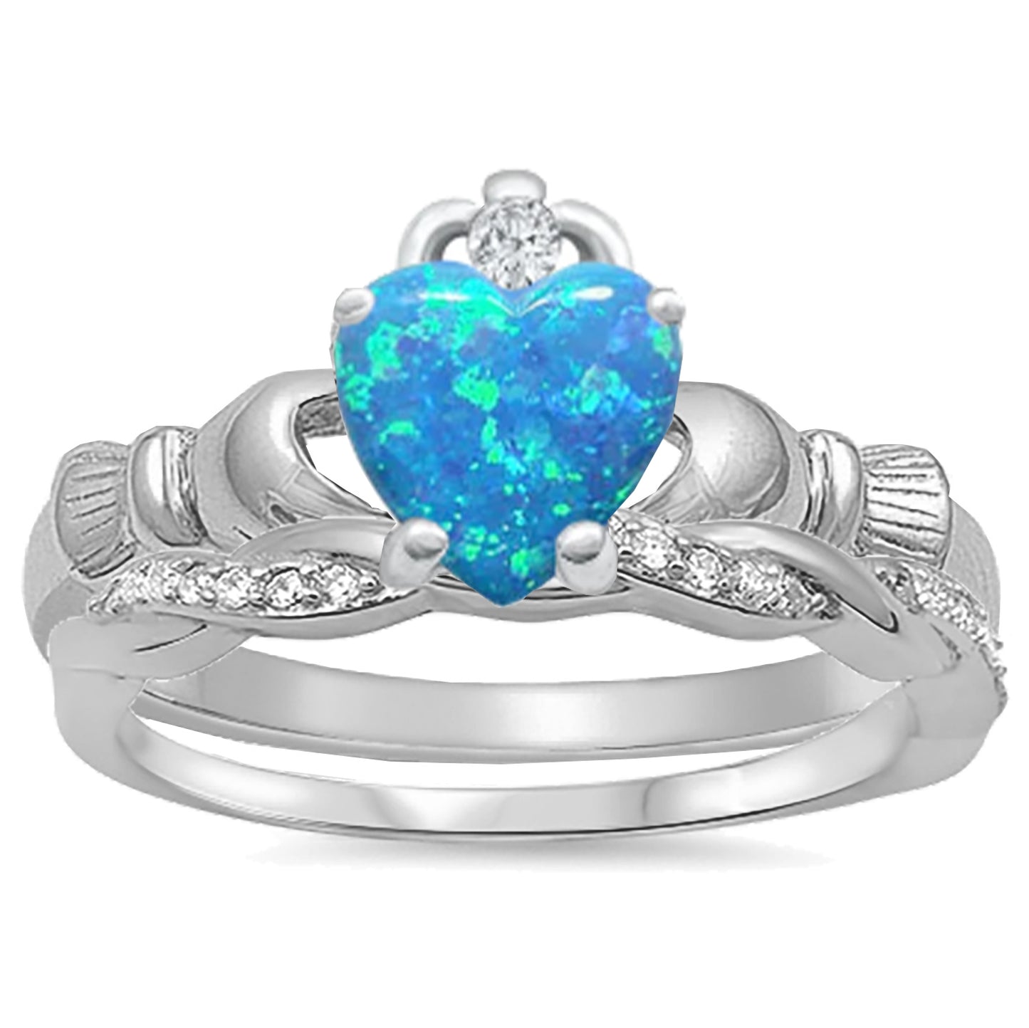 Blue Opal Irish Claddagh Sterling Silver Wedding Engagement Ring Set