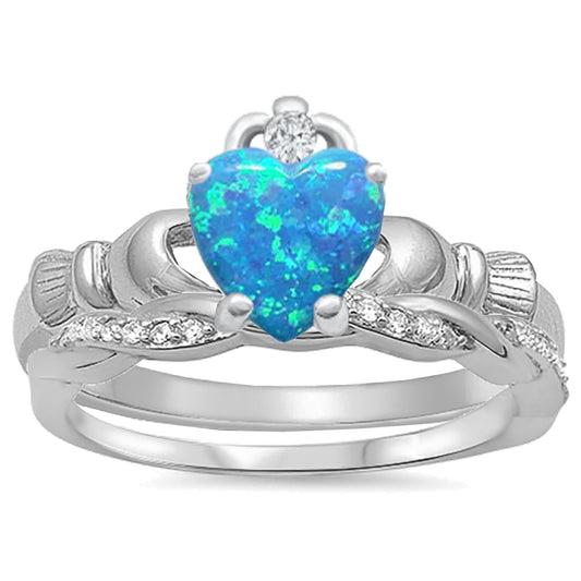Blue Opal Irish Claddagh Sterling Silver Wedding Engagement Ring Set