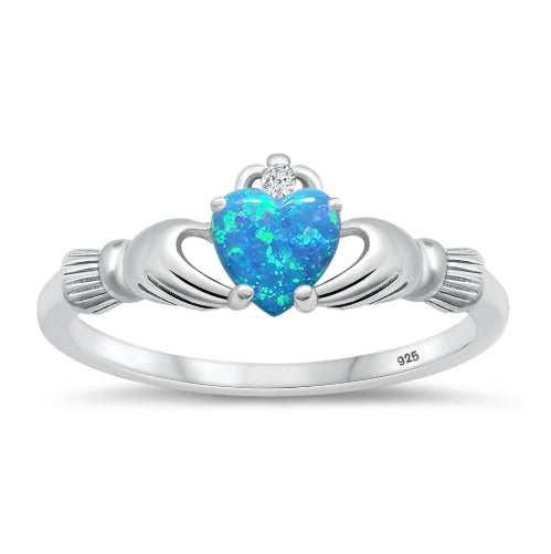 Blue Opal Irish Claddagh Sterling Silver Wedding Engagement Ring Set