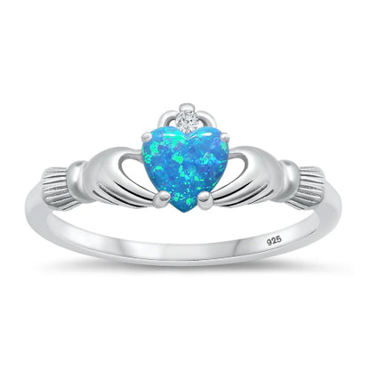 Blue Opal Irish Claddagh Sterling Silver Wedding Engagement Ring Set