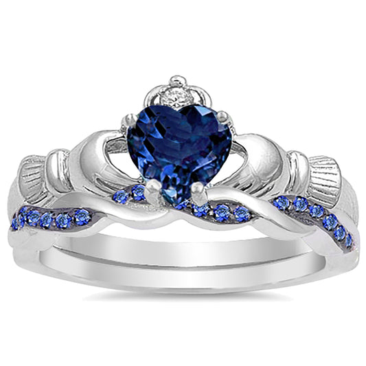 Irish Claddagh Blue Simulated Sapphire Sterling Silver Wedding Engagement Ring Set
