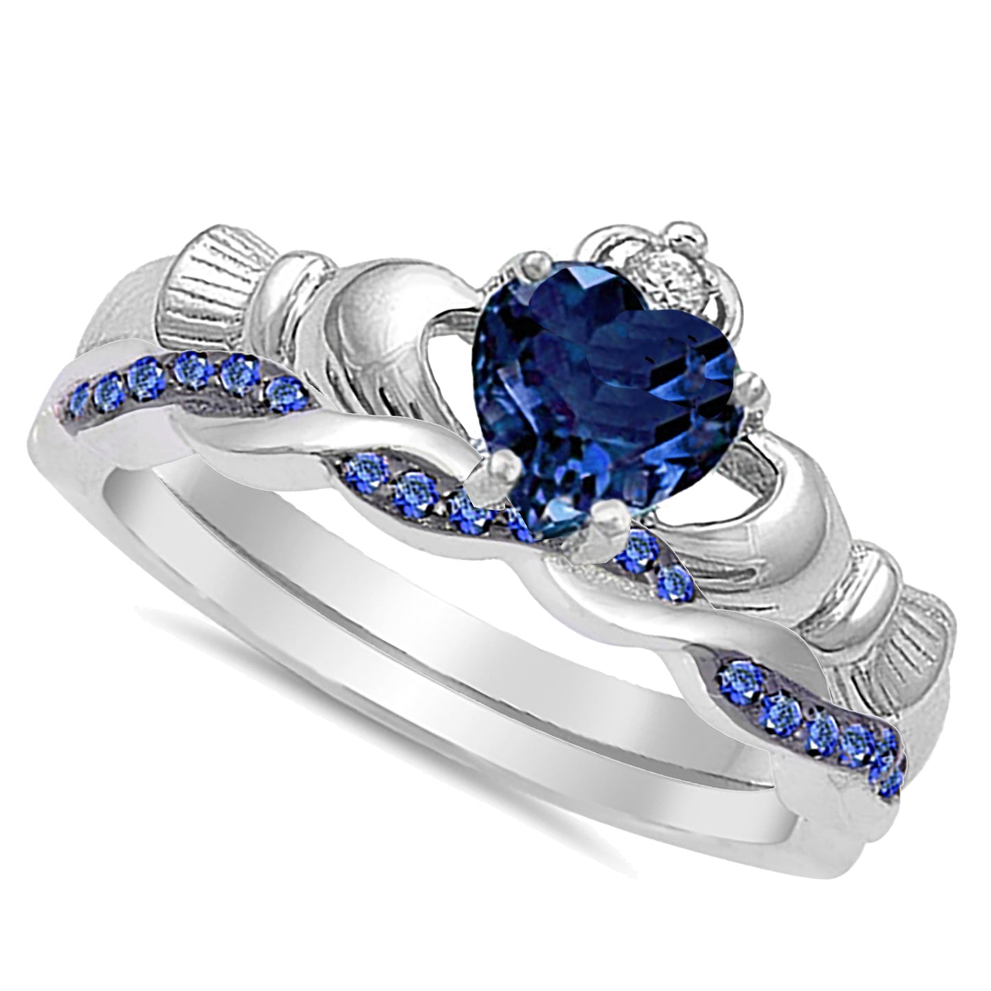 Irish Claddagh Blue Simulated Sapphire Sterling Silver Wedding Engagement Ring Set