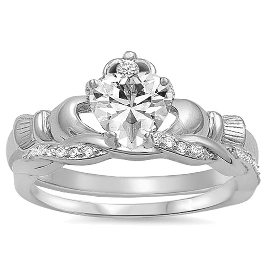 Irish Claddagh White CZ Sterling Silver Wedding Engagement Ring Set