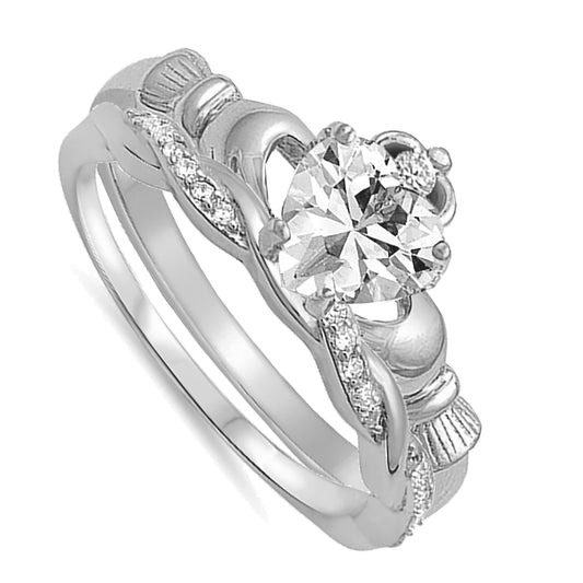 Irish Claddagh White CZ Sterling Silver Wedding Engagement Ring Set