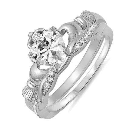 Irish Claddagh White CZ Sterling Silver Wedding Engagement Ring Set