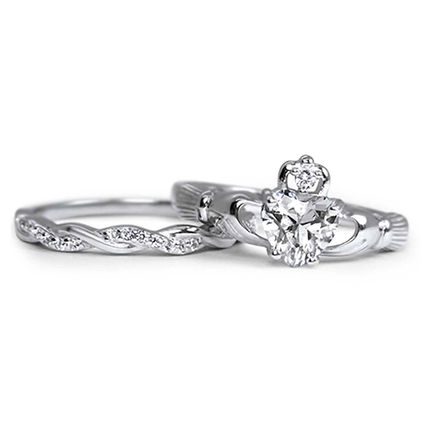 Irish Claddagh White CZ Sterling Silver Wedding Engagement Ring Set