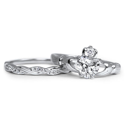 Irish Claddagh White CZ Sterling Silver Wedding Engagement Ring Set