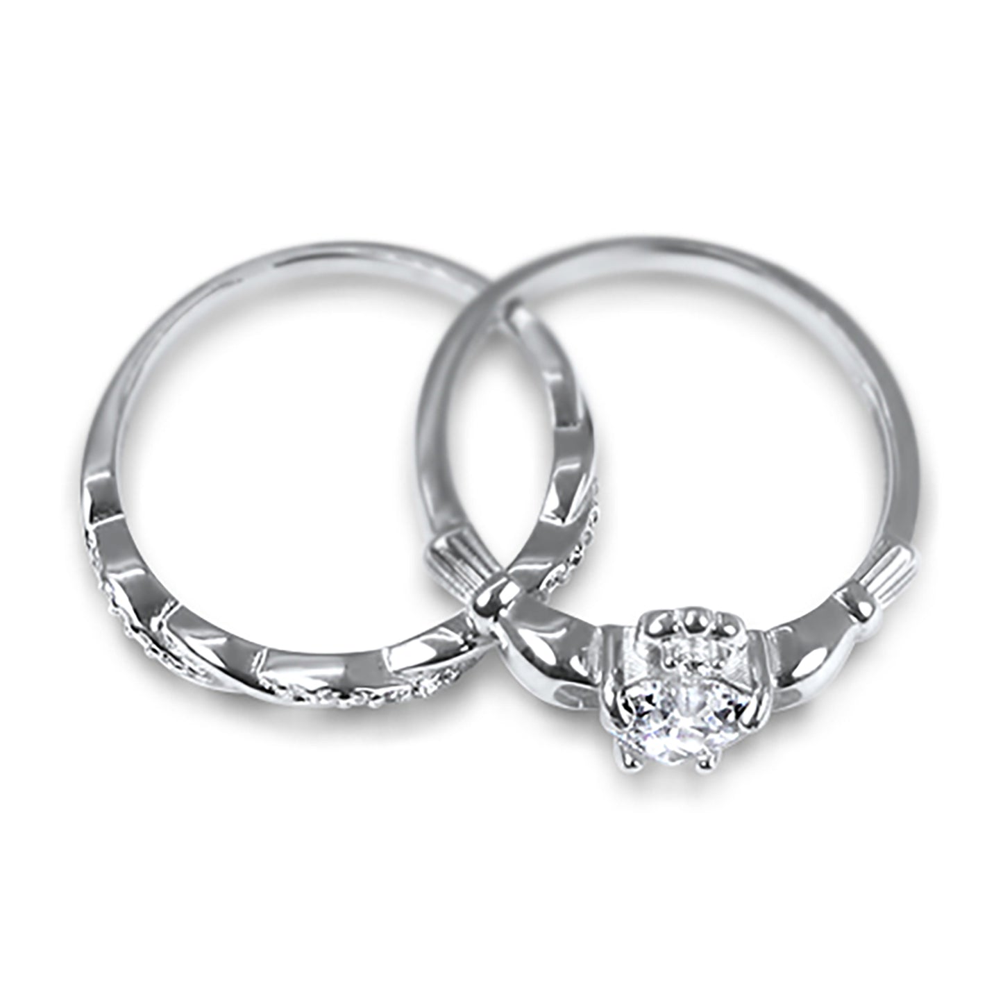 Irish Claddagh White CZ Sterling Silver Wedding Engagement Ring Set