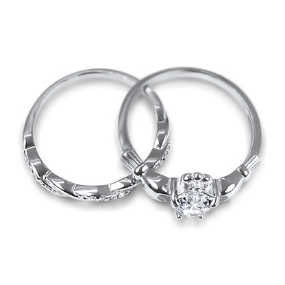 Irish Claddagh White CZ Sterling Silver Wedding Engagement Ring Set