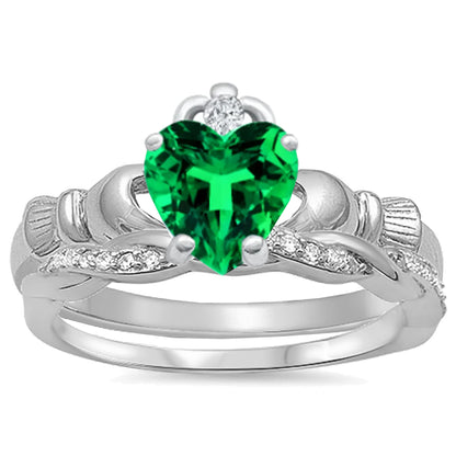 Celtic Claddagh emerald Color CZ May Birthstone Wedding Engagement Ring Set