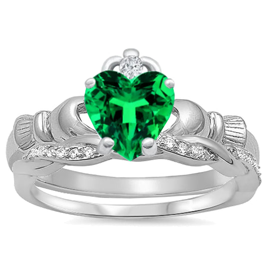 Celtic Claddagh emerald Color CZ May Birthstone Wedding Engagement Ring Set