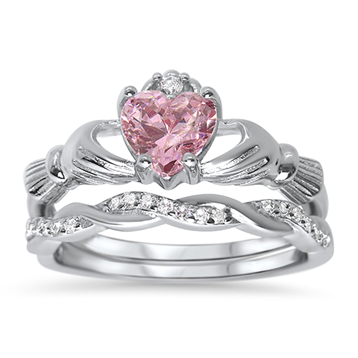 Irish Claddagh Simulated Pink Topaz Silver Wedding Engagement Ring Set