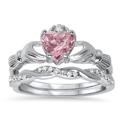 Irish Claddagh Simulated Pink Topaz Silver Wedding Engagement Ring Set