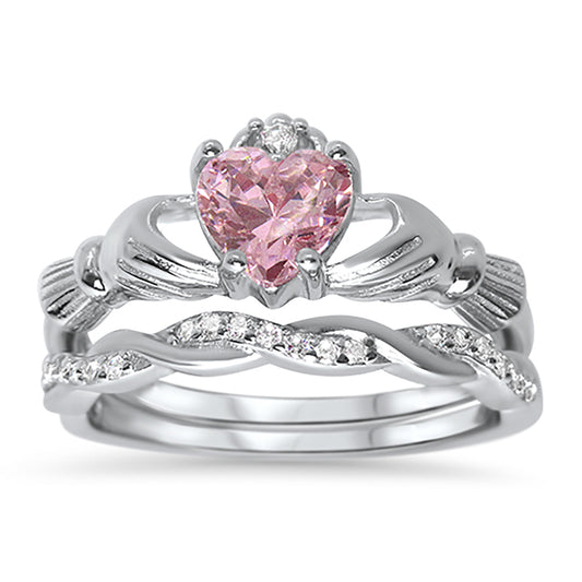 Irish Claddagh Simulated Pink Topaz Silver Wedding Engagement Ring Set