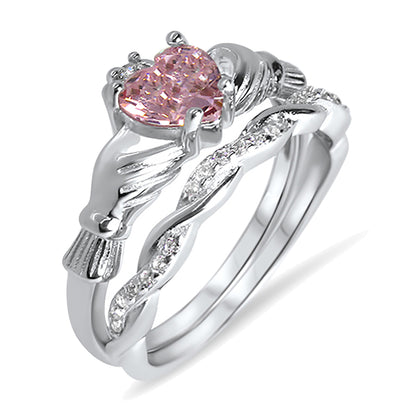 Irish Claddagh Simulated Pink Topaz Silver Wedding Engagement Ring Set