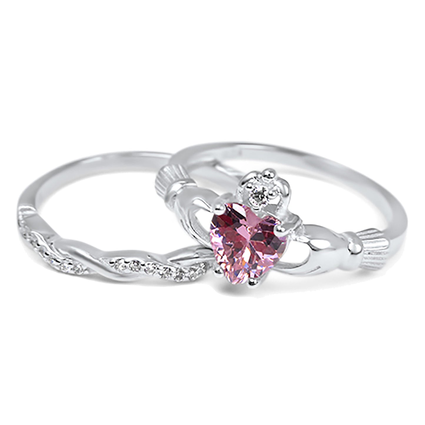 Irish Claddagh Simulated Pink Topaz Silver Wedding Engagement Ring Set