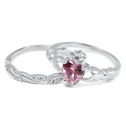Irish Claddagh Simulated Pink Topaz Silver Wedding Engagement Ring Set