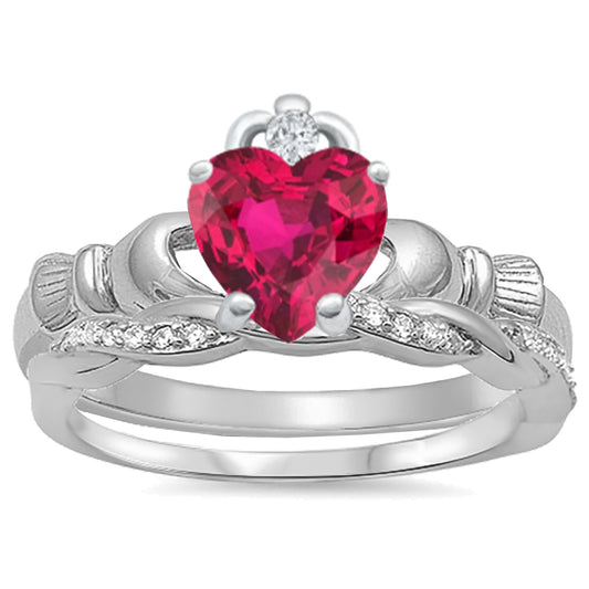 Celtic Claddagh Red Ruby Color CZ July Birthstone Wedding Engagement Ring Set