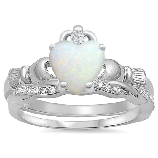 White Opal Irish Claddagh Sterling Silver Wedding Engagement Ring Set