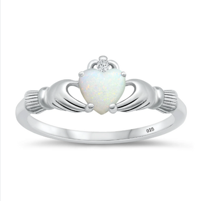White Opal Irish Claddagh Sterling Silver Wedding Engagement Ring Set
