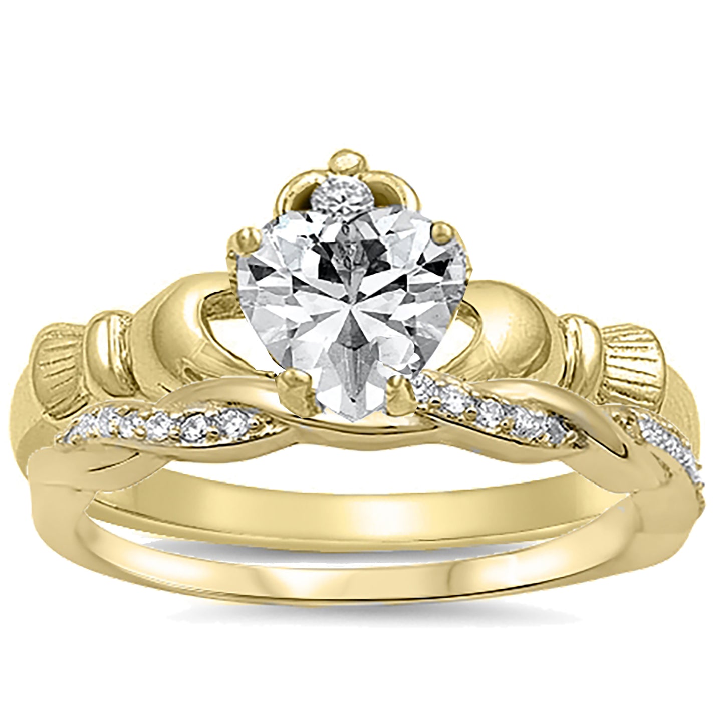 Yellow Gold plated Sterling Silver Claddagh Wedding Engagement Ring Set