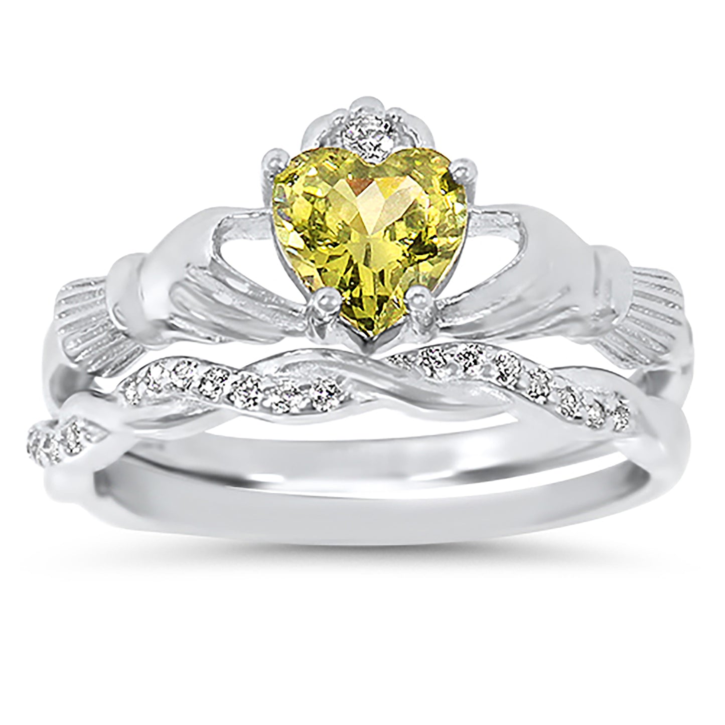 Celtic Claddagh Peridot Color CZ August Birthstone Wedding Engagement Ring Set
